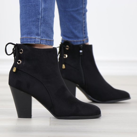 Shoes - Black Pointed Toe Low Heel Ankle Boots Back Laces Booties Faux Suede